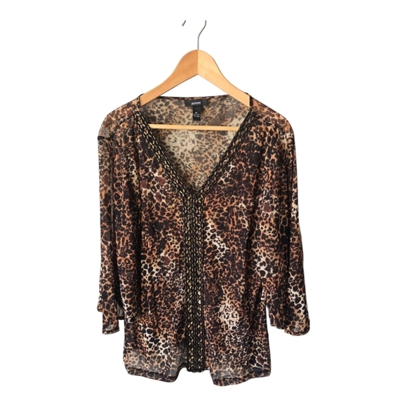Alfani Tops - Alfani Blouse Women Size XL Animal Print Embroidery Flare 3/4 Sleeve Y2k Light